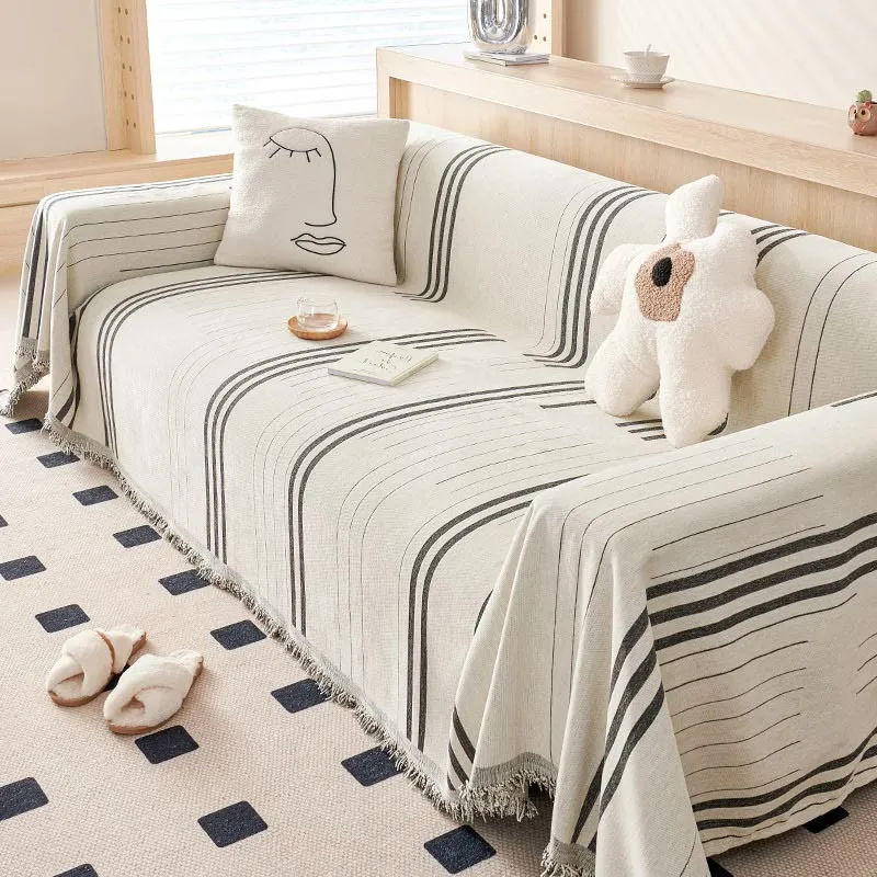 Sofaschoner aus Chenille mit geraden Streifen und Quasten