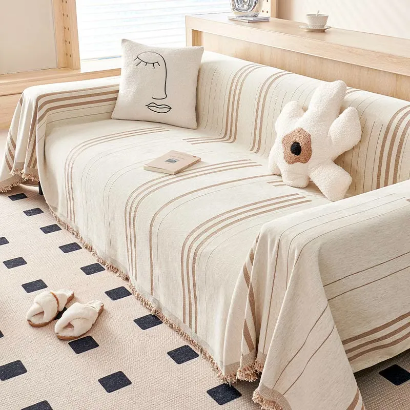 Sofaschoner aus Chenille mit geraden Streifen und Quasten