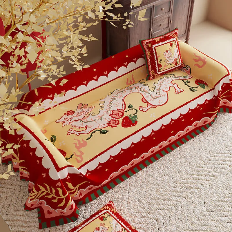 Festlicher Sofaschoner mit Drachen- und Erdbeermotiv