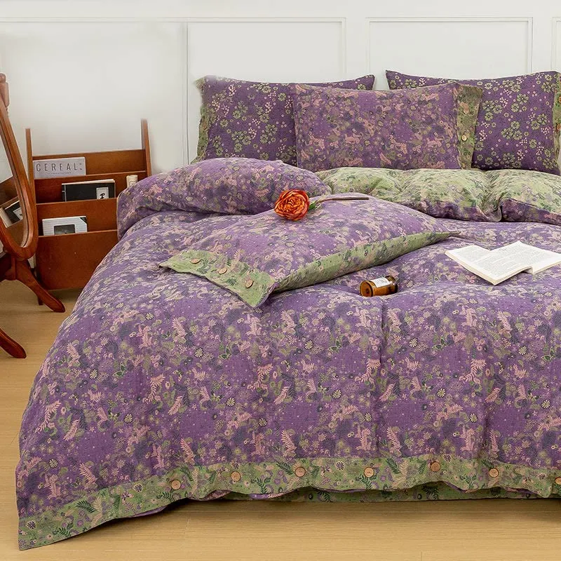 Boho Flower Lila Baumwoll-Bettwäsche-Sets (4-teilig)