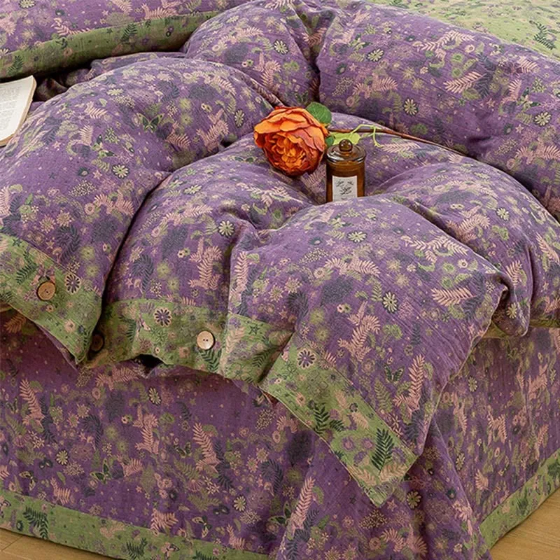 Boho Flower Lila Baumwoll-Bettwäsche-Sets (4-teilig)