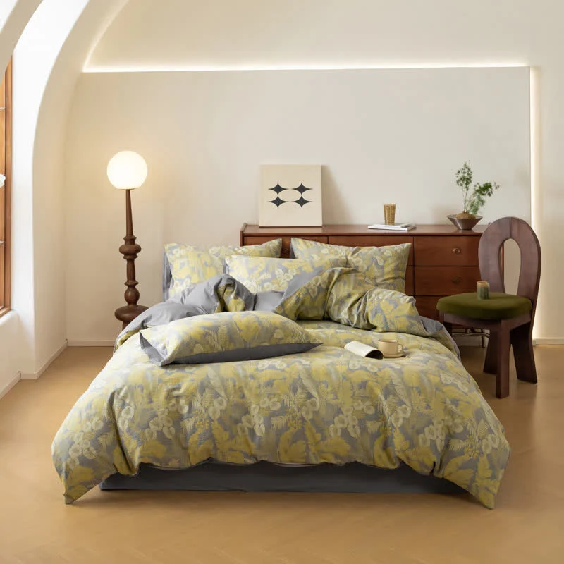 Bettwäscheset aus reinem Baumwolljacquard mit Retro-Blumenmuster (4-teilig)