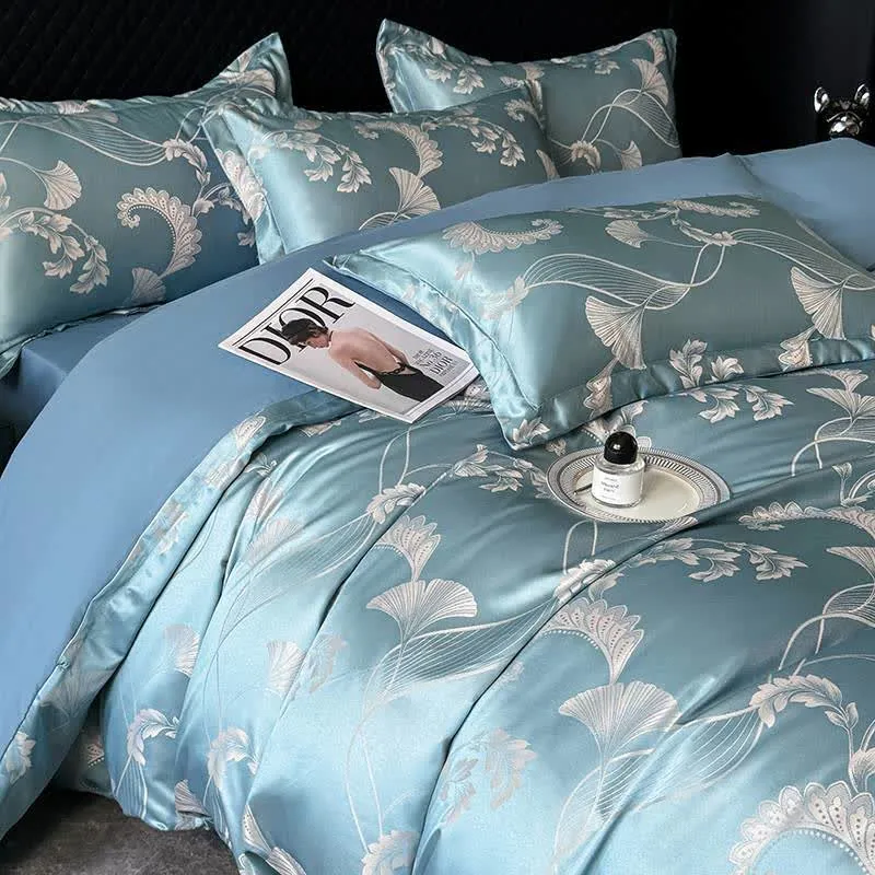 Elegantes Satin-Bettwäscheset mit Ginkgoblättern (4-teilig)