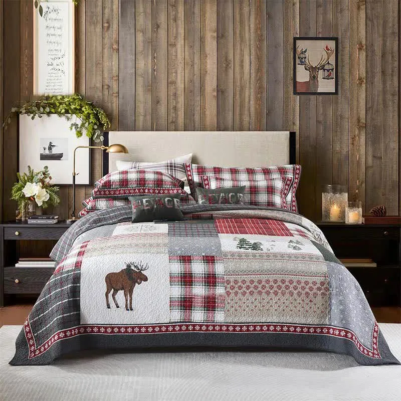 Weihnachts-Patchwork-Bettwäscheset aus gesteppter Baumwolle (3-teilig)