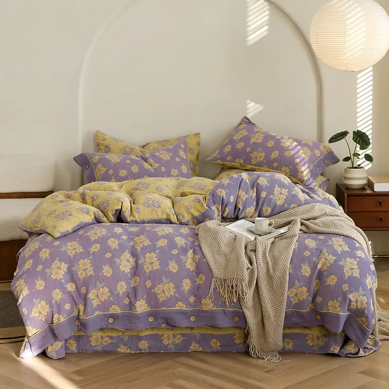 Jacquard-Bettwäscheset aus Baumwollgaze mit Blumenmuster und Knöpfen (4-teilig)