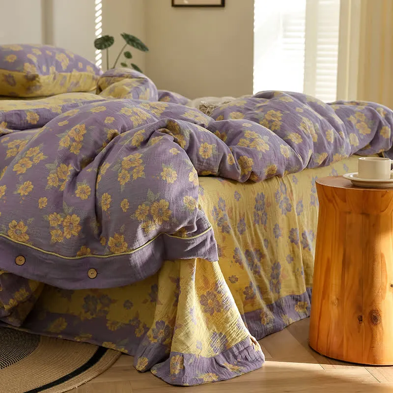 Jacquard-Bettwäscheset aus Baumwollgaze mit Blumenmuster und Knöpfen (4-teilig)