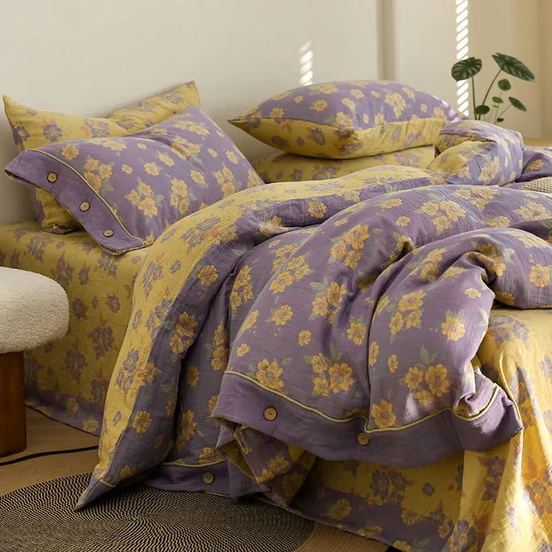 Jacquard-Bettwäscheset aus Baumwollgaze mit Blumenmuster und Knöpfen (4-teilig)