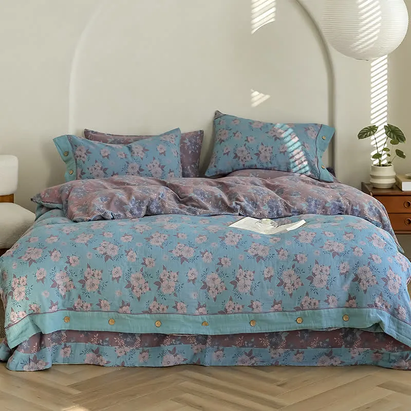 Jacquard-Bettwäscheset aus Baumwollgaze mit Blumenmuster und Knöpfen (4-teilig)
