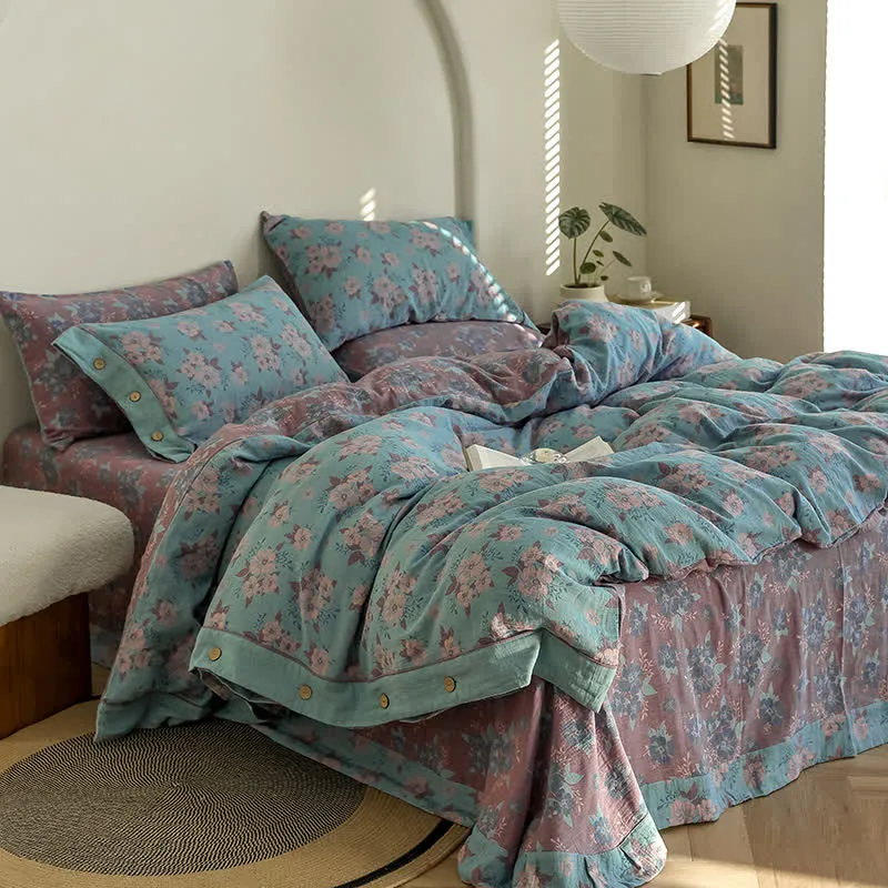 Jacquard-Bettwäscheset aus Baumwollgaze mit Blumenmuster und Knöpfen (4-teilig)