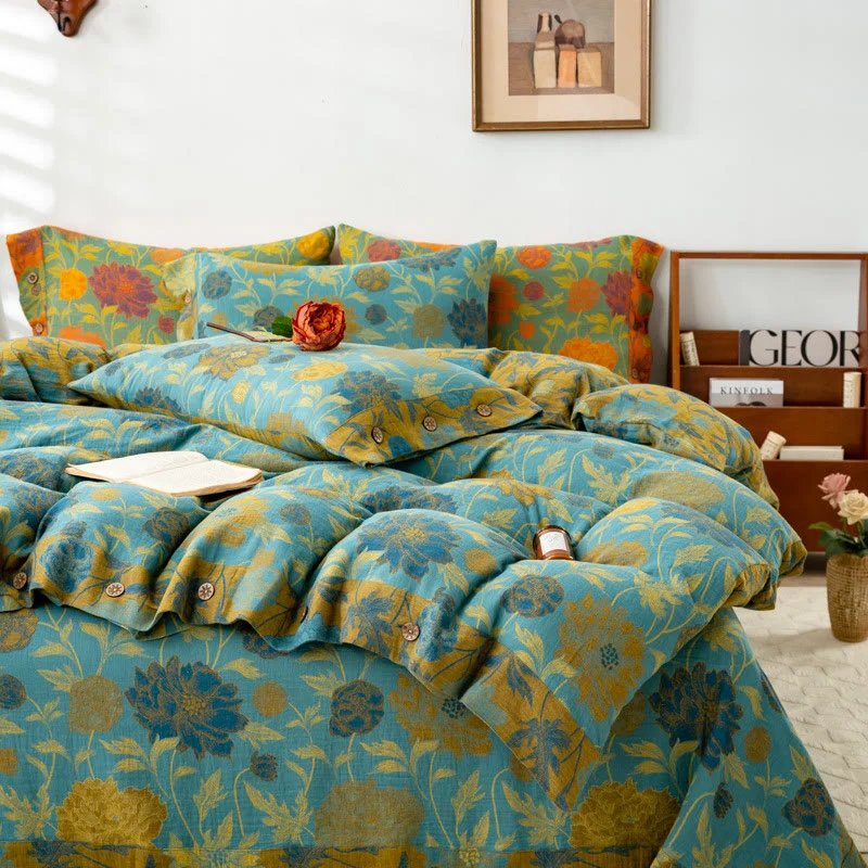 Retro-Bettwäsche-Set aus Baumwolle mit Blumen und Blättern (4-teilig)