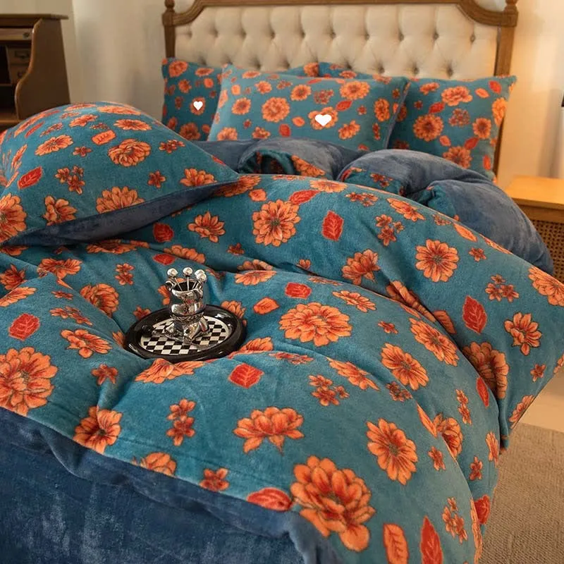 Elegantes, bequemes Samt-Bettwäscheset mit Blumenmuster (4-teilig)