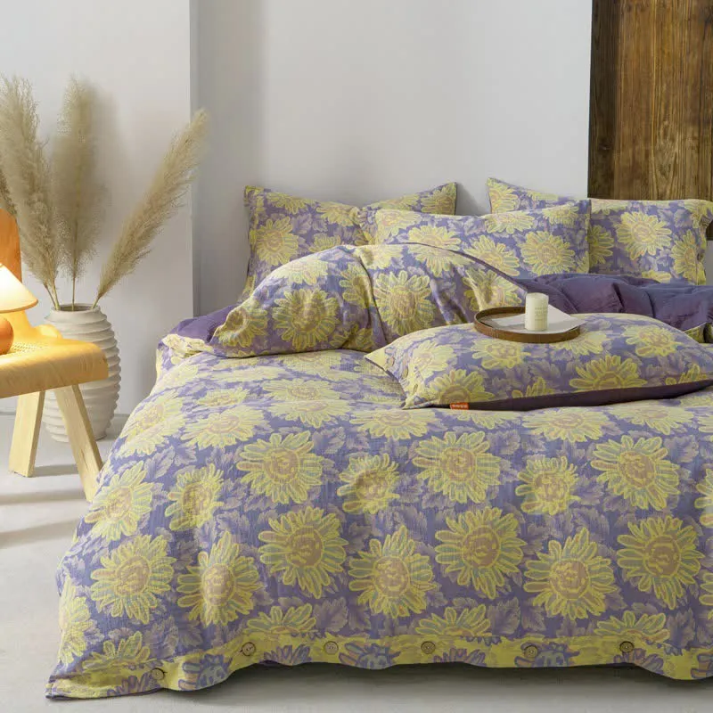 Jacquard-Bettwäscheset aus Baumwollgaze mit Sonnenblumenmotiv (4-teilig)
