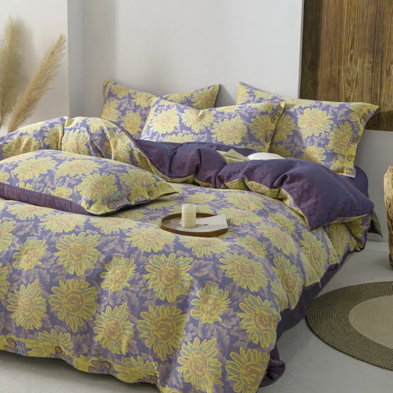 Jacquard-Bettwäscheset aus Baumwollgaze mit Sonnenblumenmotiv (4-teilig)
