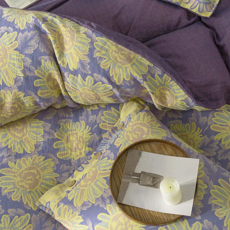 Jacquard-Bettwäscheset aus Baumwollgaze mit Sonnenblumenmotiv (4-teilig)