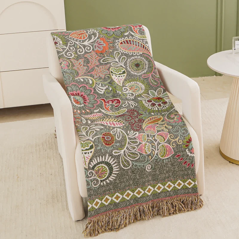 Retro-Paisley-Sofadecke aus Baumwollgaze mit Quaste