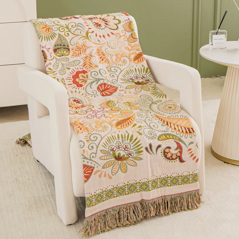 Retro-Paisley-Sofadecke aus Baumwollgaze mit Quaste