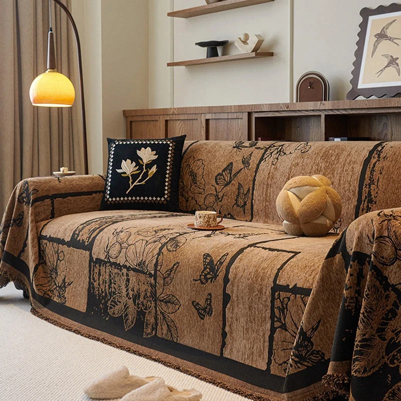 Chenille Couchbezug mit Vintage-Kunstpflanzen und Blumenmuster