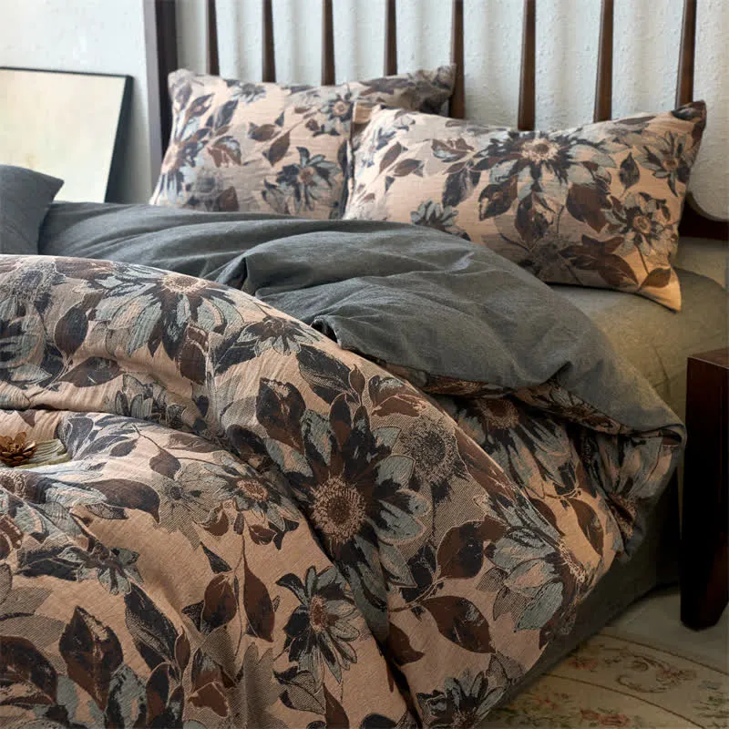 Garngefärbtes Bettwäscheset aus Baumwolle mit Jacquard-Blumenmuster (4-teilig)