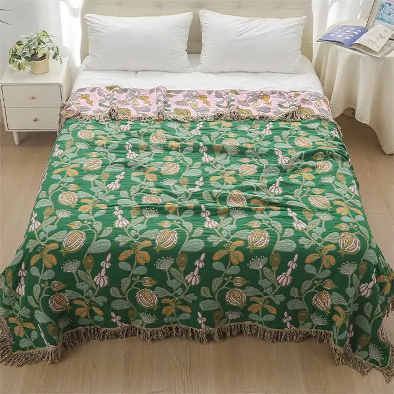Sofadecke aus Baumwollgaze mit Blumenquasten