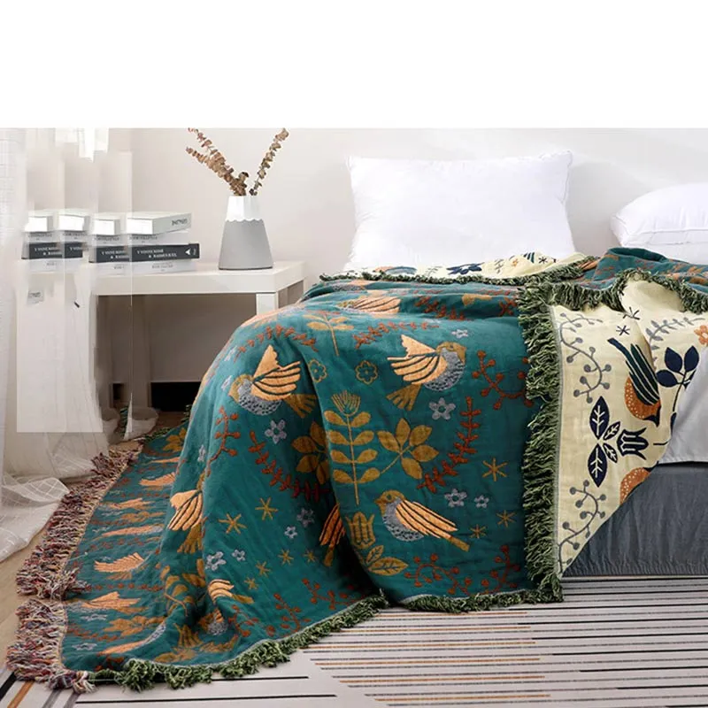 Ownkoti Boho Atmungsaktive Sofadecke mit Blumen und Vögeln