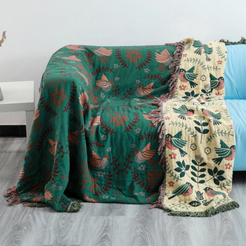 Ownkoti Boho Atmungsaktive Sofadecke mit Blumen und Vögeln