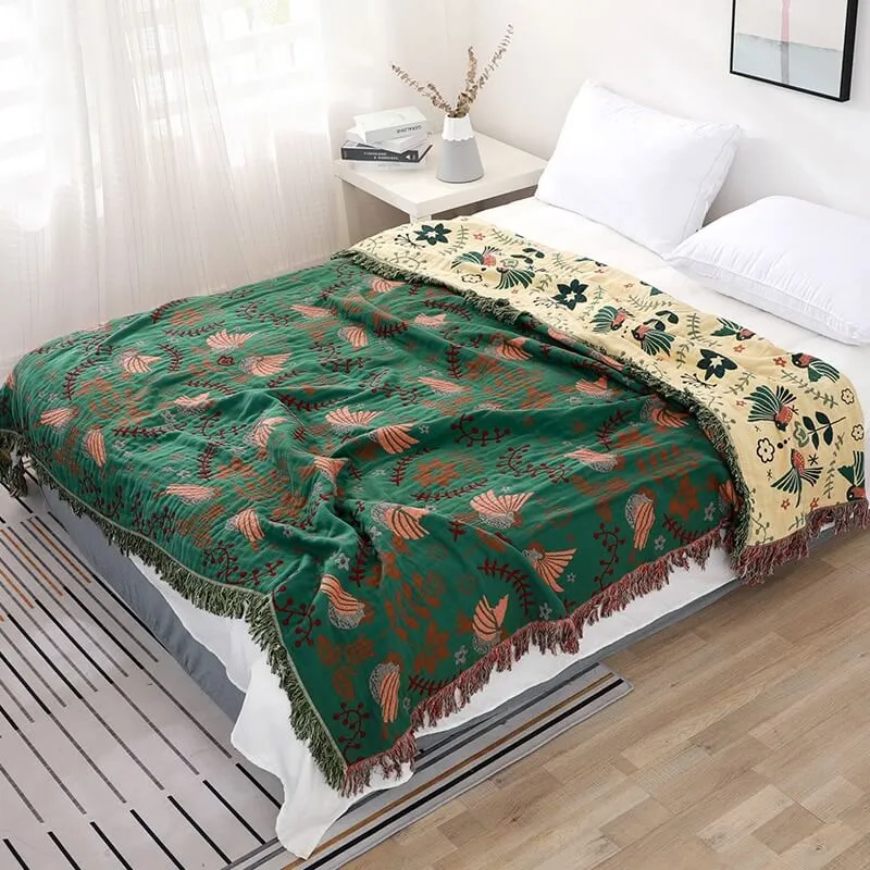 Ownkoti Boho Atmungsaktive Sofadecke mit Blumen und Vögeln