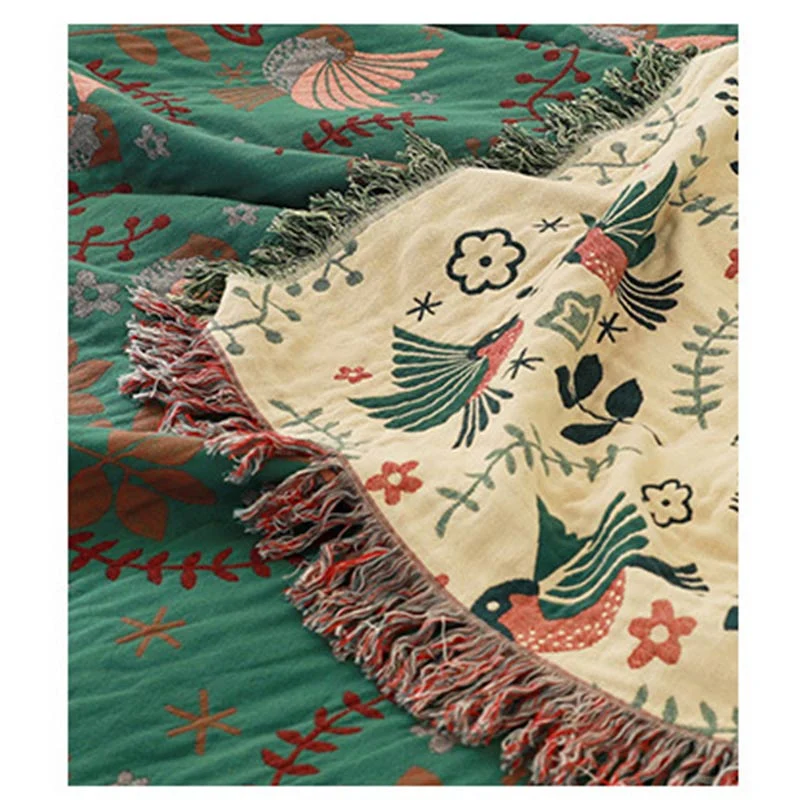 Ownkoti Boho Atmungsaktive Sofadecke mit Blumen und Vögeln