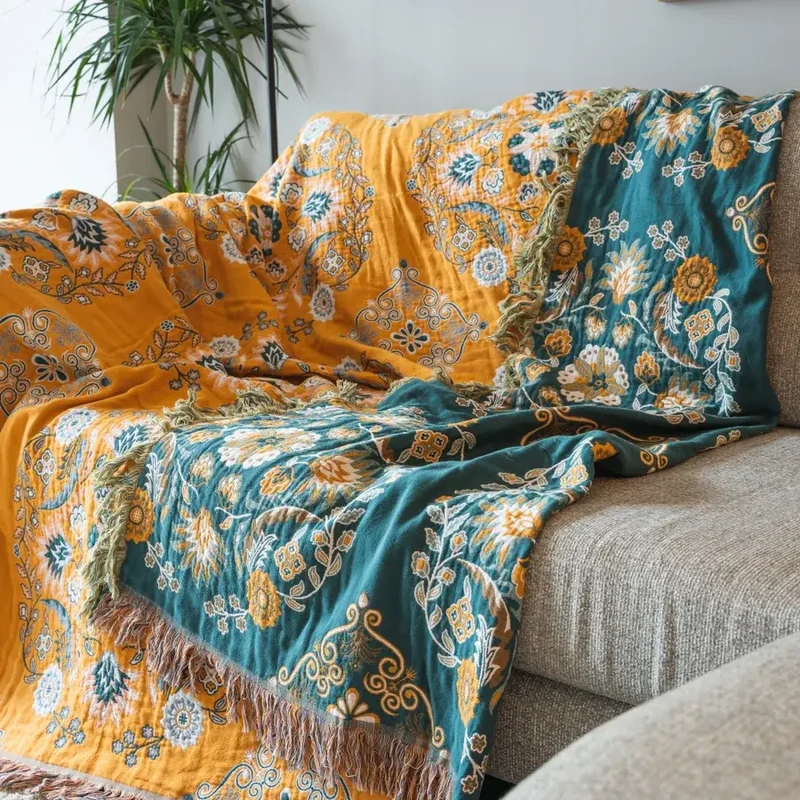 Ownkoti Vintage Überwurfdecke mit Blumenmuster, Sofabezug