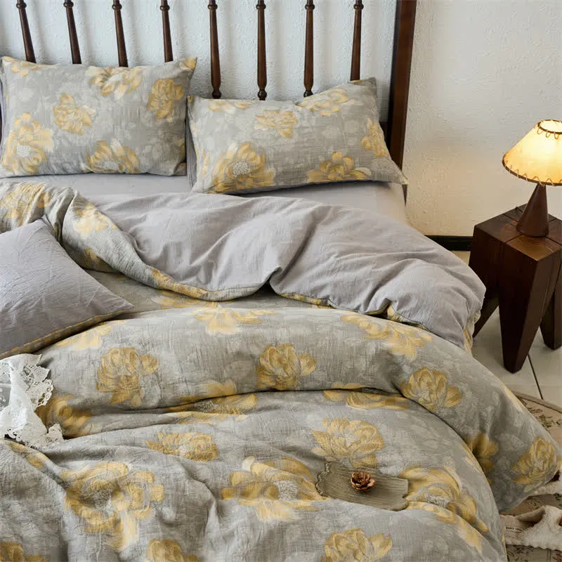 Bettwäscheset aus Baumwollgaze mit neutralem Blumenmuster (4-teilig)
