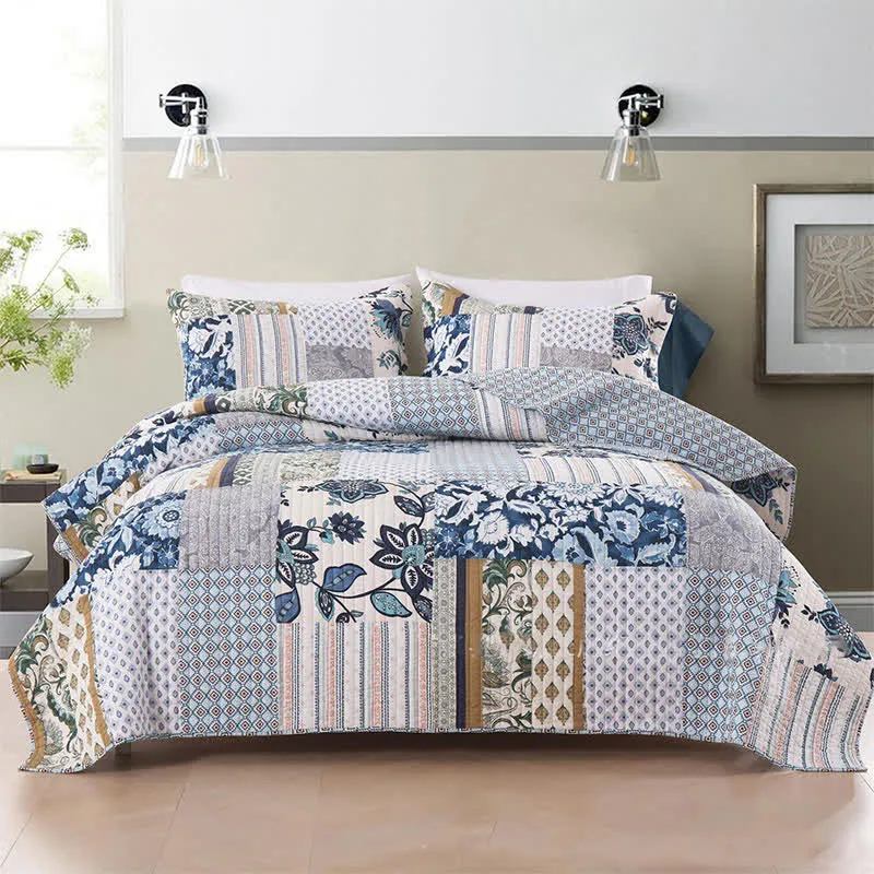 Gestepptes Bettwäscheset aus Baumwolle mit floralem Patchwork-Muster (3-teilig)