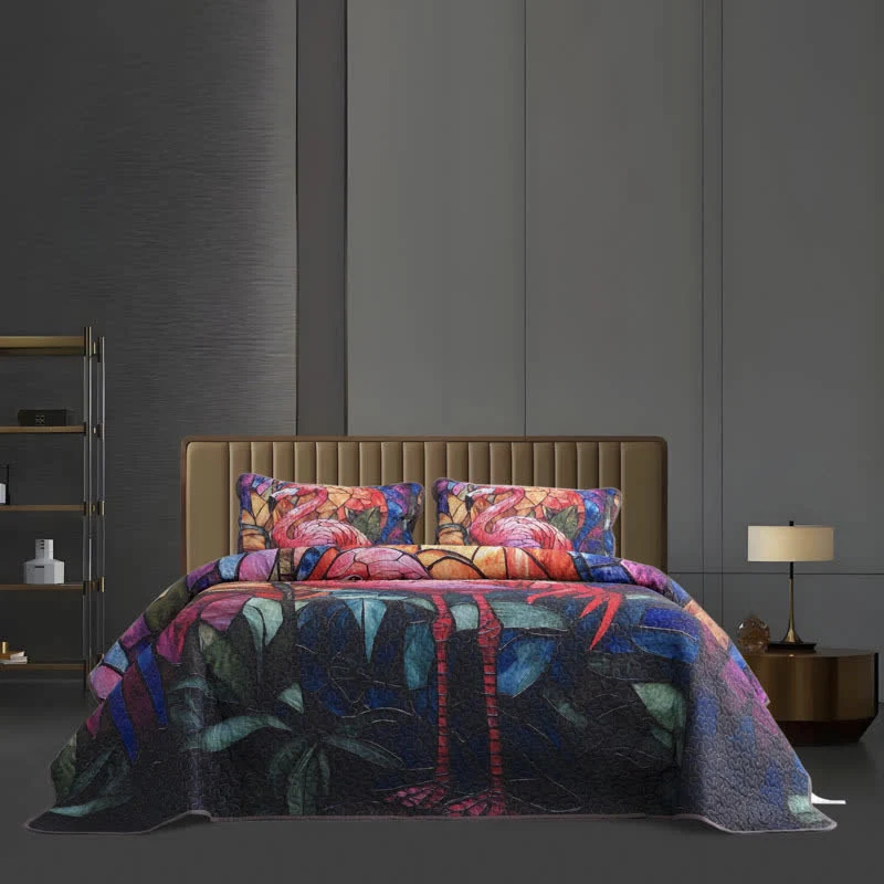 Gestepptes Bettwäscheset im tropischen Flamingo-Stil (3-teilig)