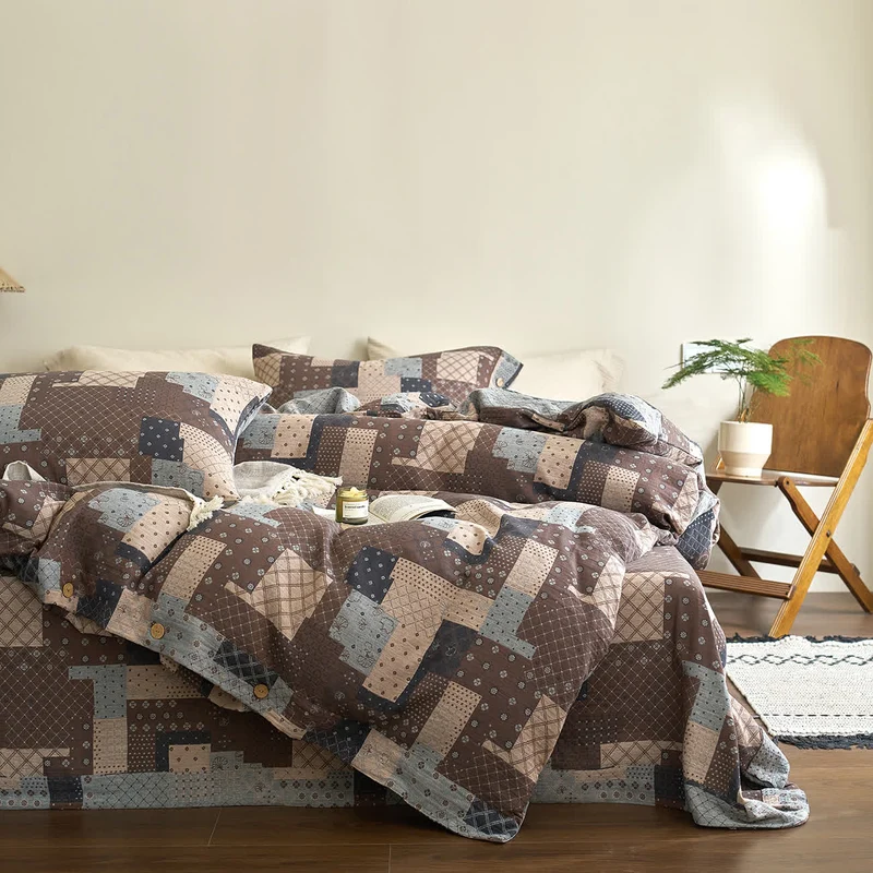 Patchwork-Bettwäscheset aus Baumwollgaze mit geometrischem Muster (4-teilig)