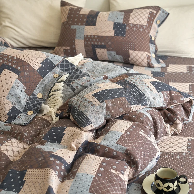 Patchwork-Bettwäscheset aus Baumwollgaze mit geometrischem Muster (4-teilig)