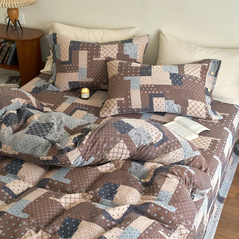 Patchwork-Bettwäscheset aus Baumwollgaze mit geometrischem Muster (4-teilig)
