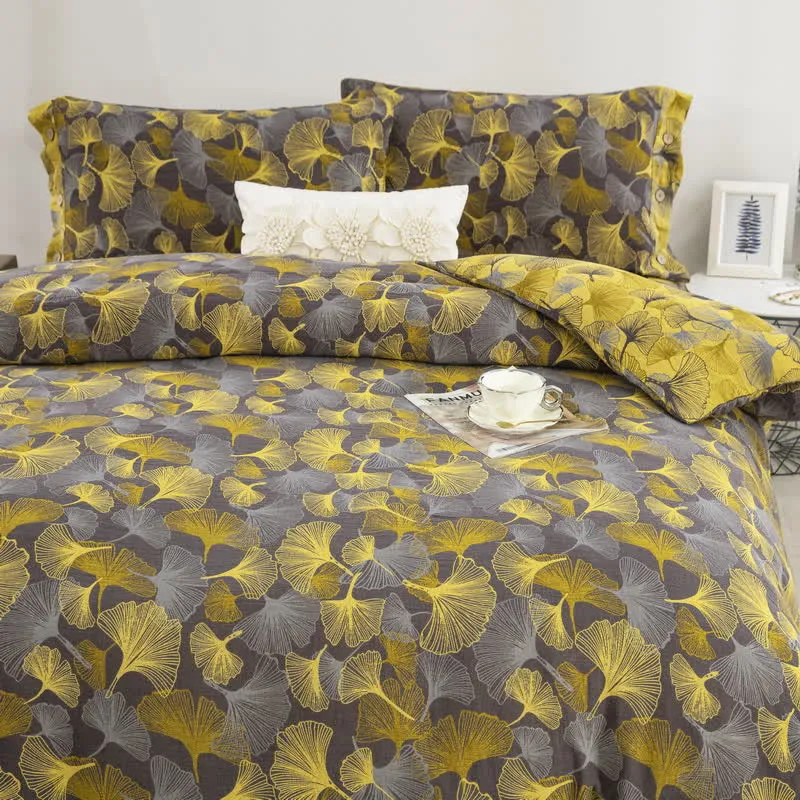 Baumwoll-Bettwäscheset mit Ginkgoblättern und Knöpfen (4-teilig)