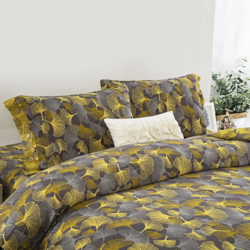 Baumwoll-Bettwäscheset mit Ginkgoblättern und Knöpfen (4-teilig)