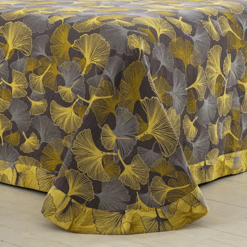Baumwoll-Bettwäscheset mit Ginkgoblättern und Knöpfen (4-teilig)