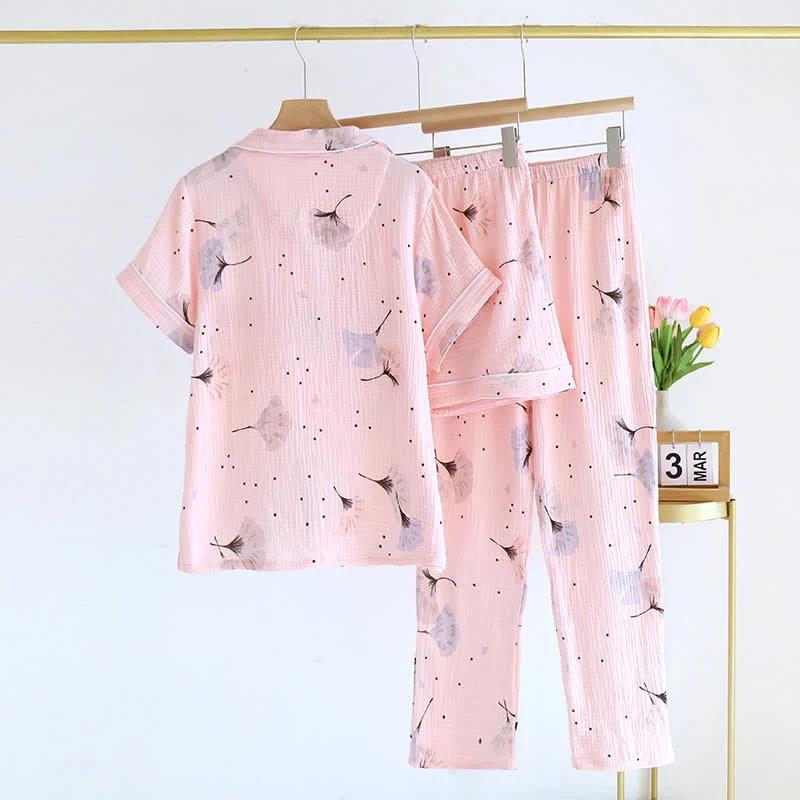Pyjama-Set aus Baumwollgaze mit Ginkgoblättern (3-teilig)