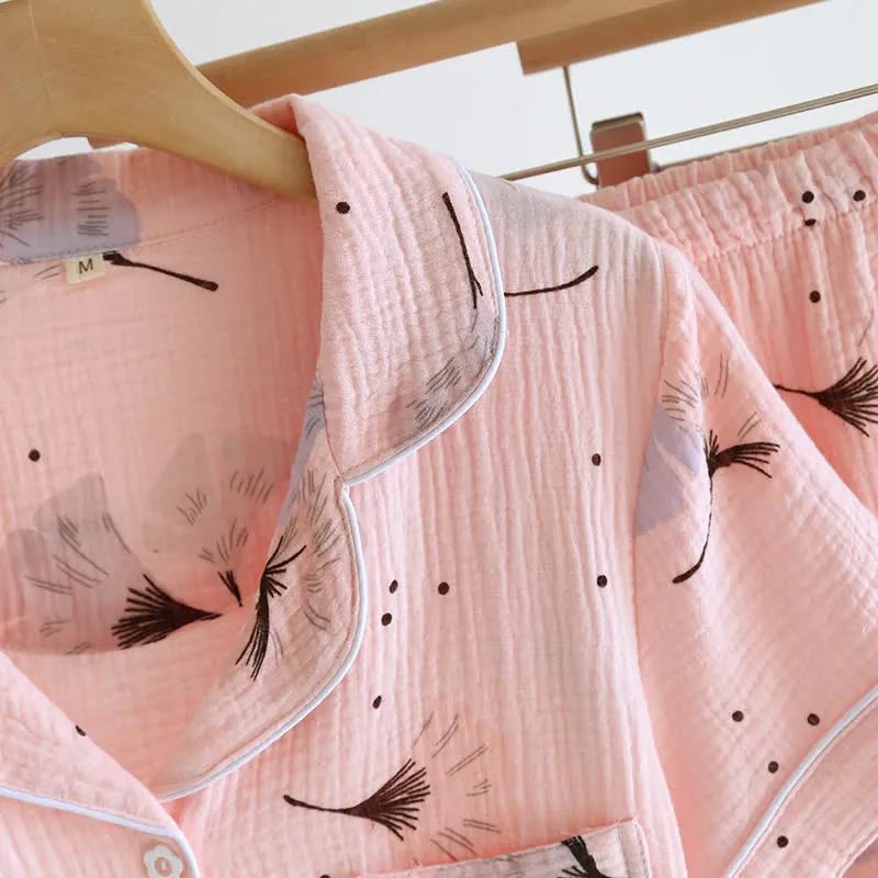 Pyjama-Set aus Baumwollgaze mit Ginkgoblättern (3-teilig)