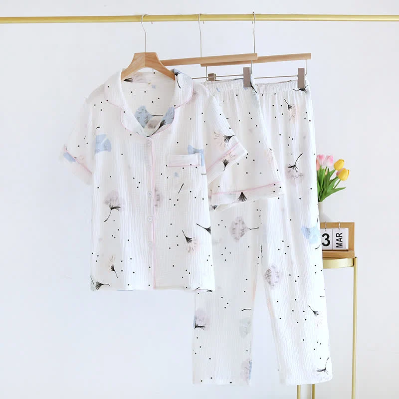 Pyjama-Set aus Baumwollgaze mit Ginkgoblättern (3-teilig)