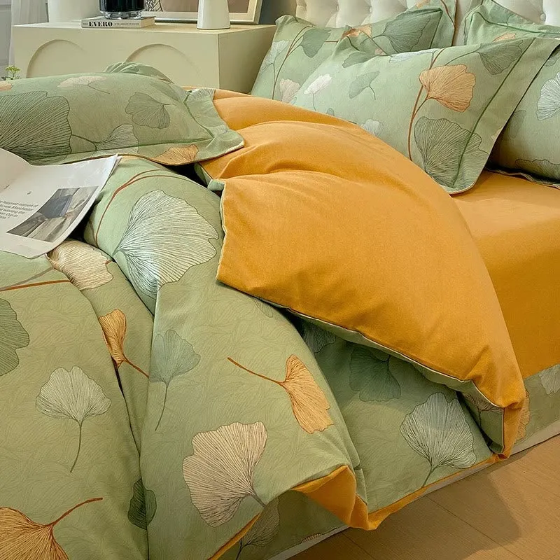 Bettwäscheset mit Ginkgoblättern aus gebürsteter Baumwolle (4-teilig)