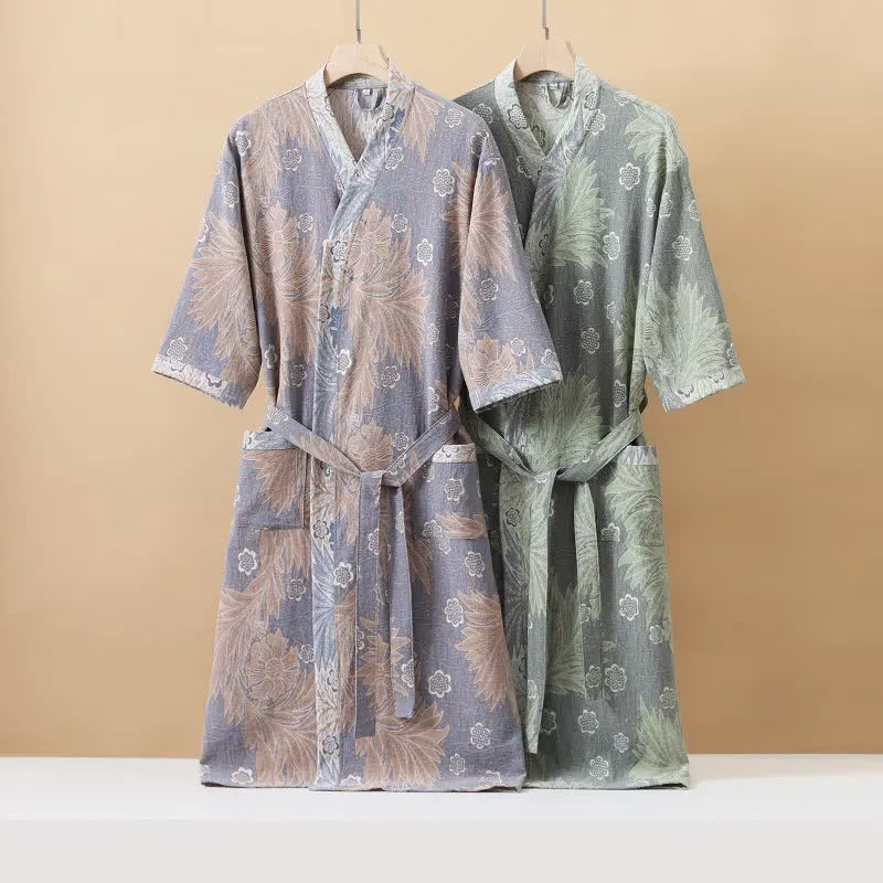 Atmungsaktiver Kimono-Bademantel aus Jacquard-Blumengaze