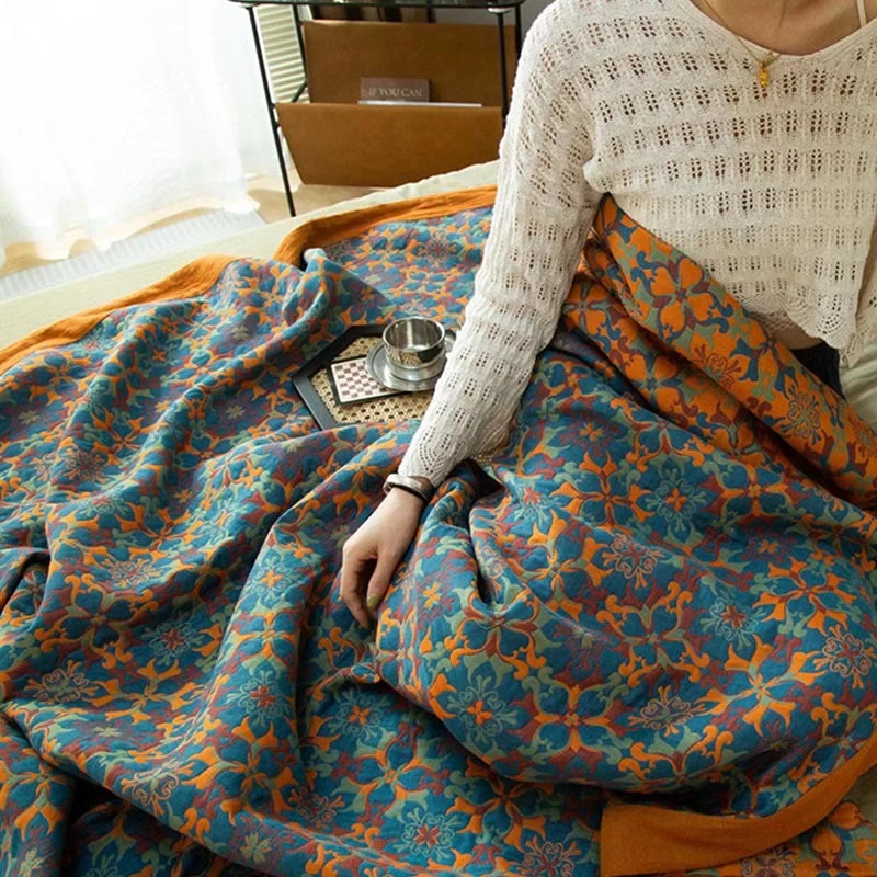 Sechslagige Baumwollsteppdecke mit orange-blauem Muster
