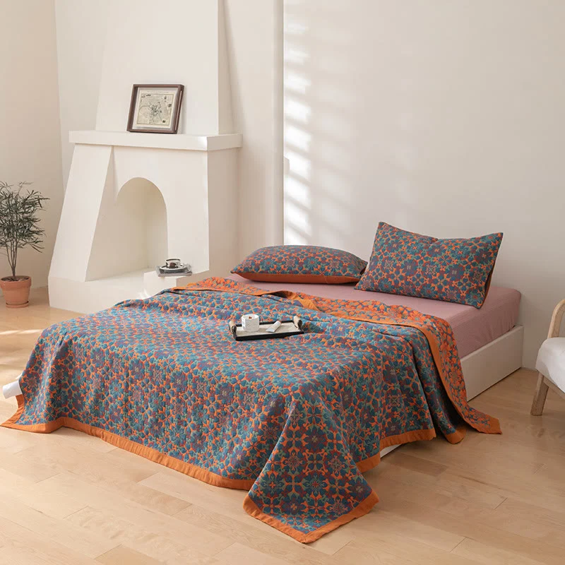 Sechslagige Baumwollsteppdecke mit orange-blauem Muster