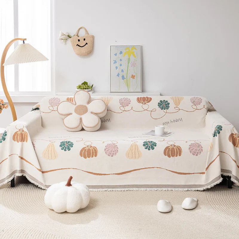 Rustikaler, rutschfester Sofabezug aus Chenille mit Kürbismotiv