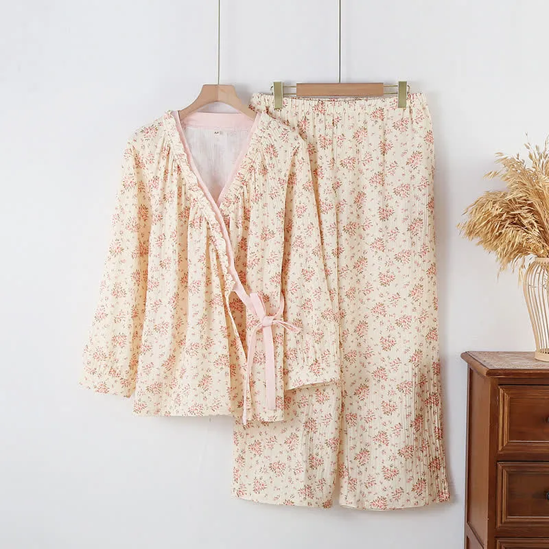 Langärmliges Loungewear-Set aus Baumwoll-Doppelgaze mit Blumenmuster