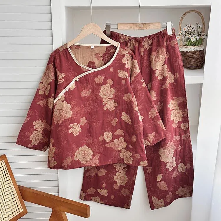 Nachtwäsche-Set aus Baumwollgaze-Jacquard mit Blumenmuster im Vintage-Stil