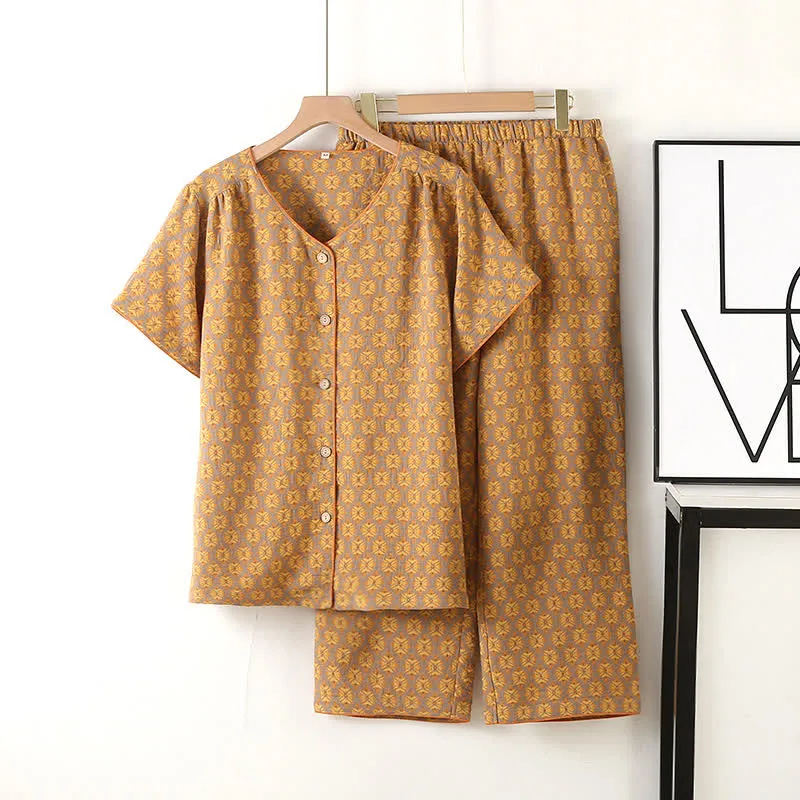 Pyjama-Set aus Baumwollgaze mit Vintage-Jacquardmuster und V-Ausschnitt