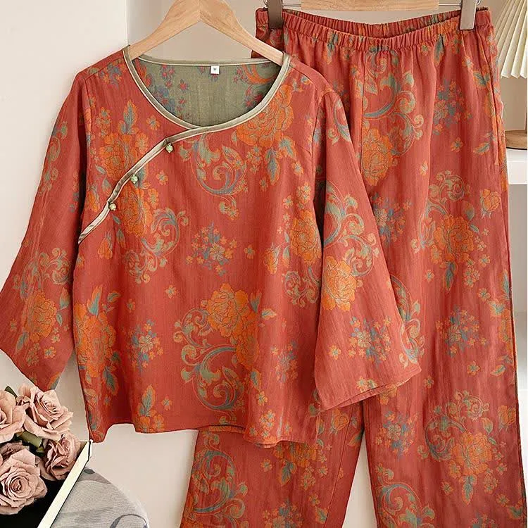Lässiges Pyjama-Set aus Retro-Jacquard-Baumwollgaze