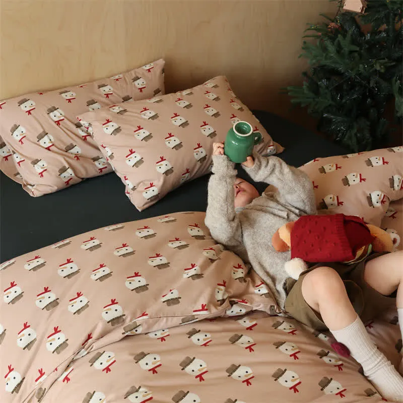 Weihnachts-Bettwäscheset aus Baumwolle mit Schneemannmotiv (4-teilig)